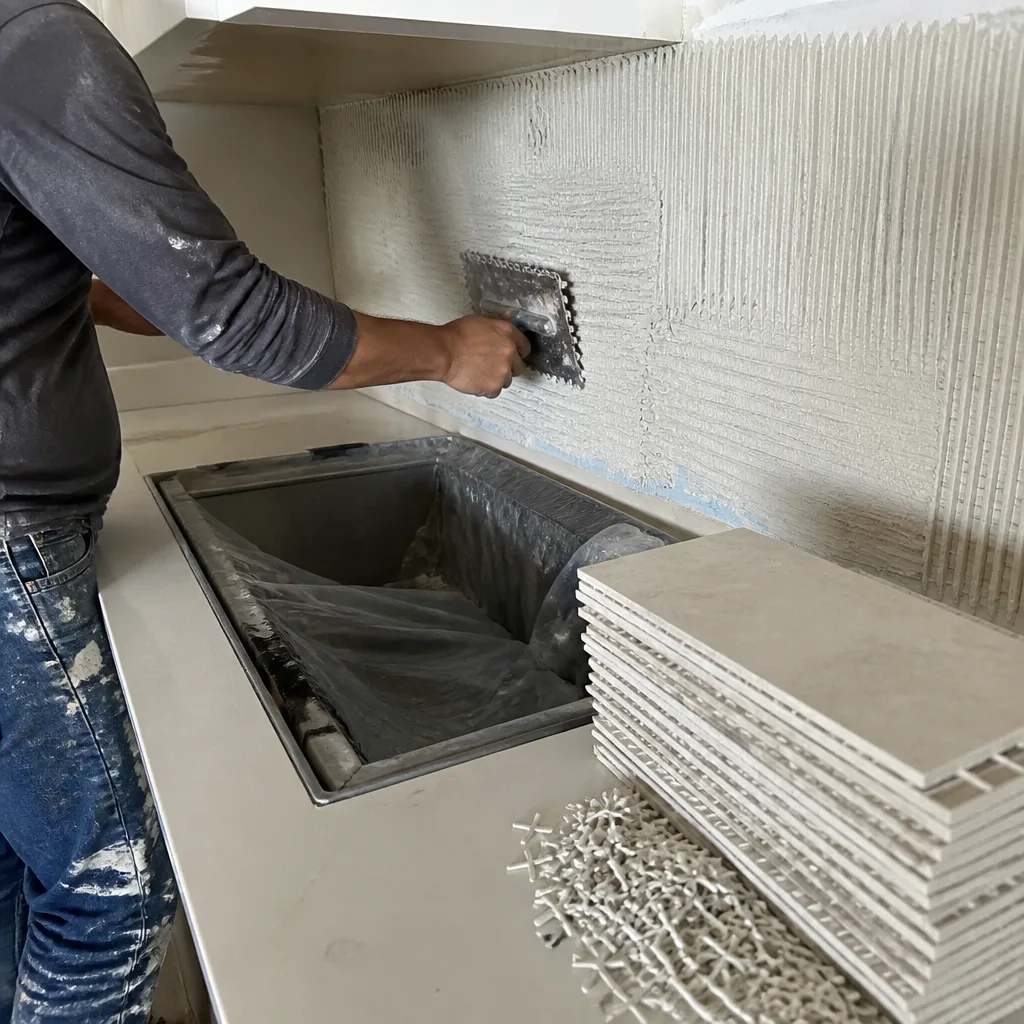 Contractor applying mortar for kitchen backsplash tile installation