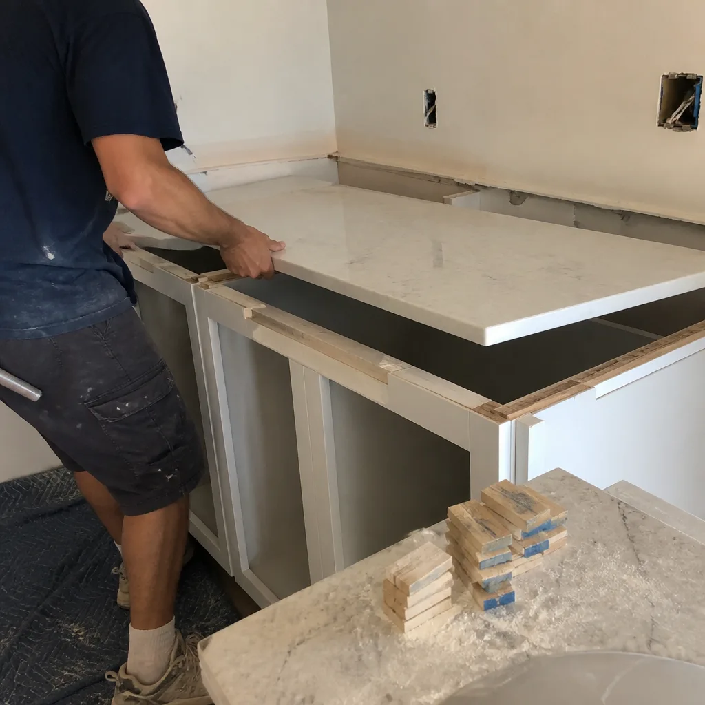 Professional installing marble countertop during a kitchen remodeling project