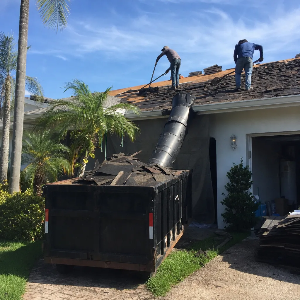 Professional roofing team removing shingles with debris chute and dumpster