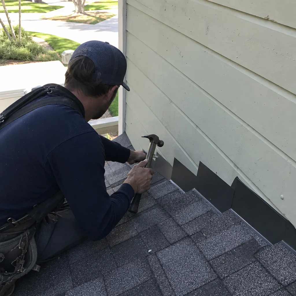 Professional roofer installing metal step flashing on a sloped residential roof.