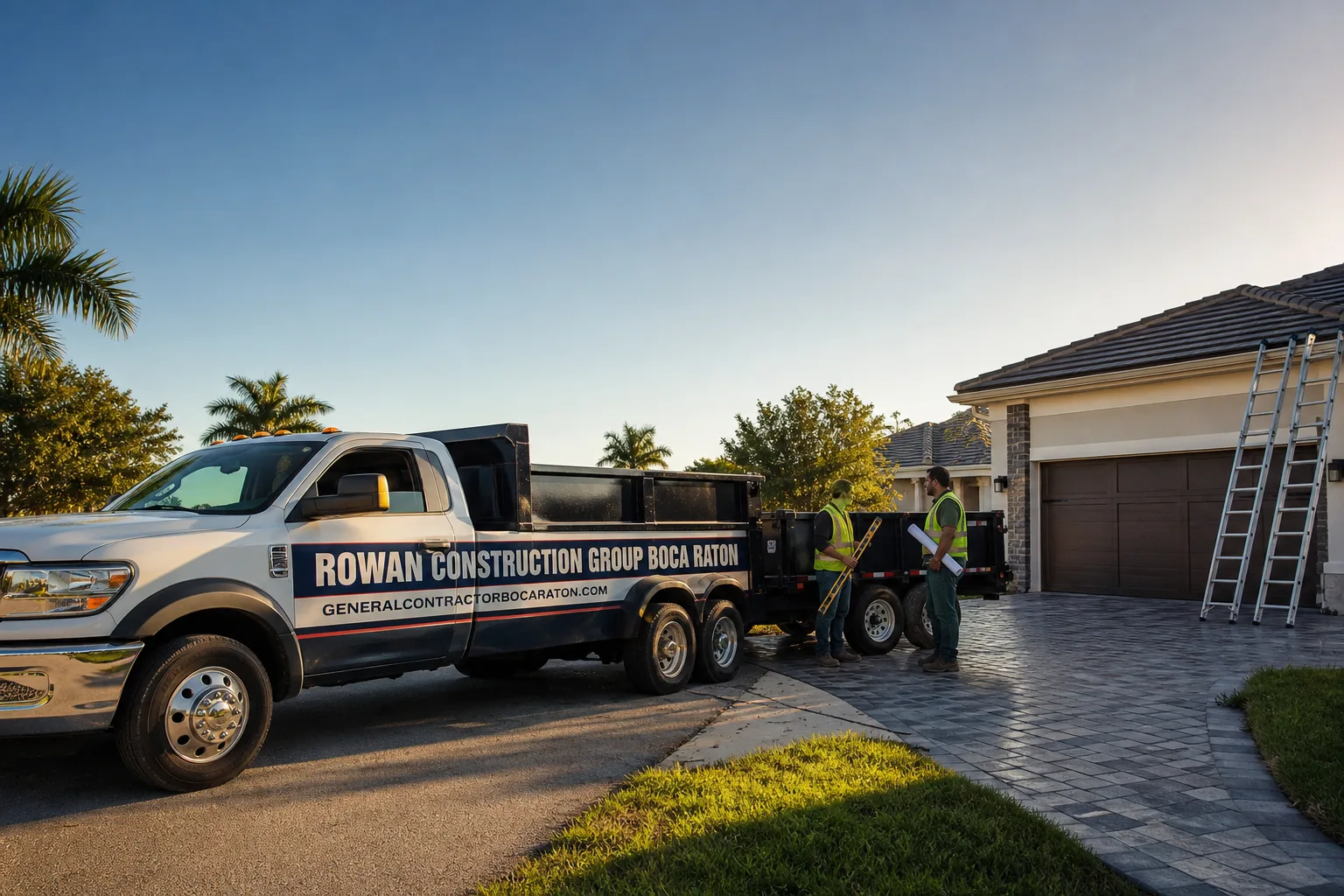 Rowan Construction Group Boca Raton construction service vehicle and crew in Boca Raton, FL